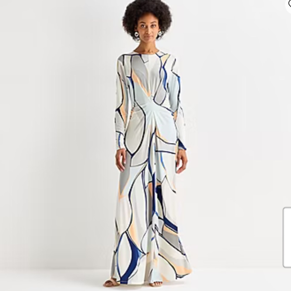 Worthington Abstract Print Long Sleeve Fitted Maxi Dress Sz M NWT
